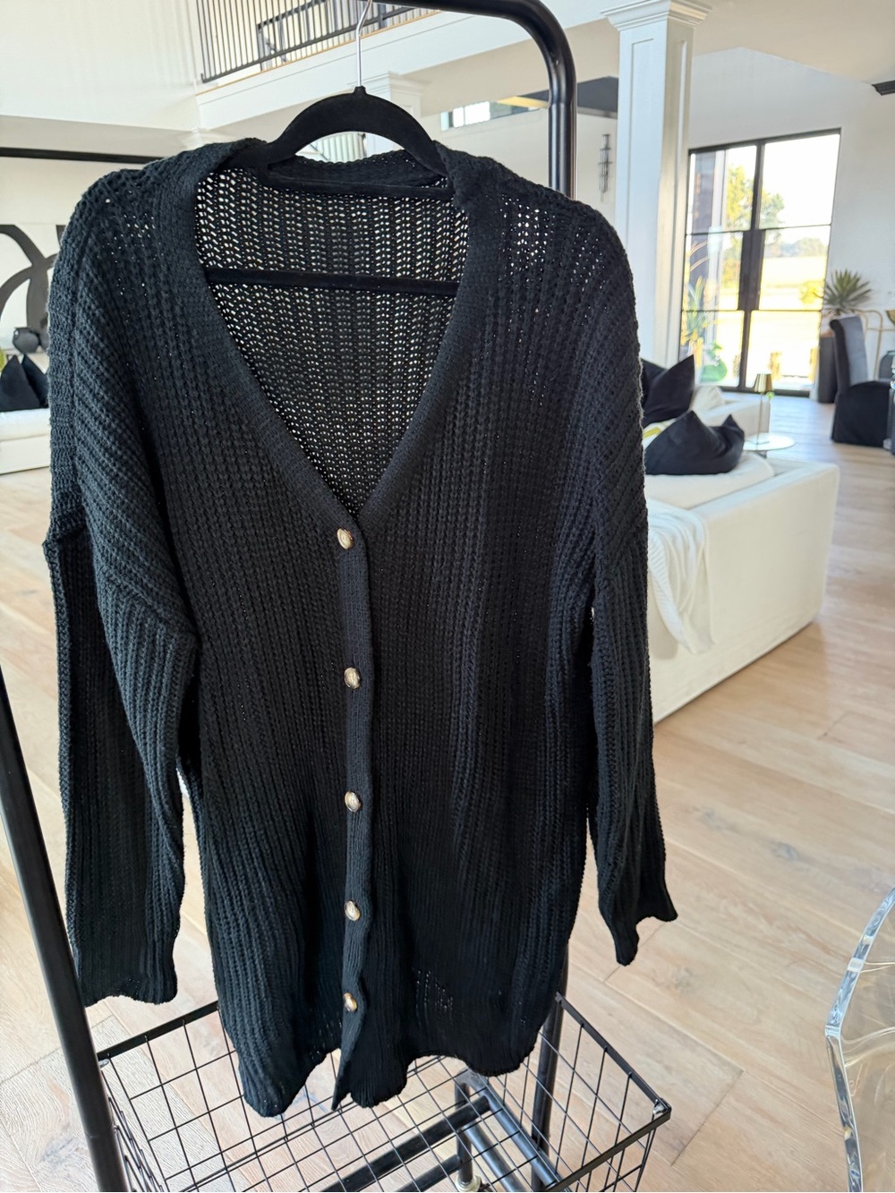 SHEIN Black Open-Knit Button Cardigan